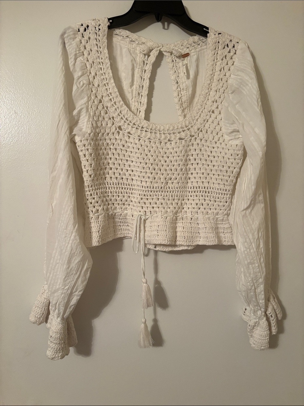 Free People Cream Crochet Tie-Front Peasant Blouse